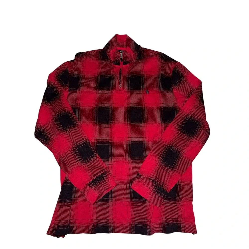Polo Ralph Lauren‎ Pullover Men Extra XL  Red Buffalo Plaid Quarter Zip Sweater